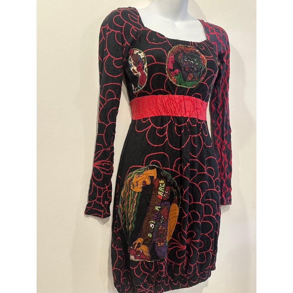 Desigual Vintage Y2K Red Floral Graphic Patchwork Bubble Hem Mini Dress S - Picture 2 of 7